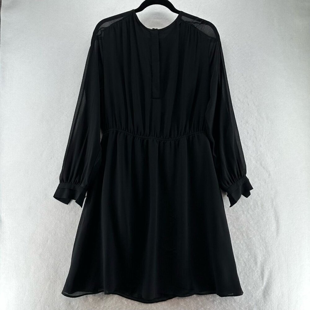 H&M Dress Size L Blouson Chiffon Popover Knee Length Tie Belt Long Sleeve Black